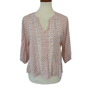 Living Doll Pink Floral Crochet Lace Peasant Blouse 3/4 Sleeve Small Cottagecore